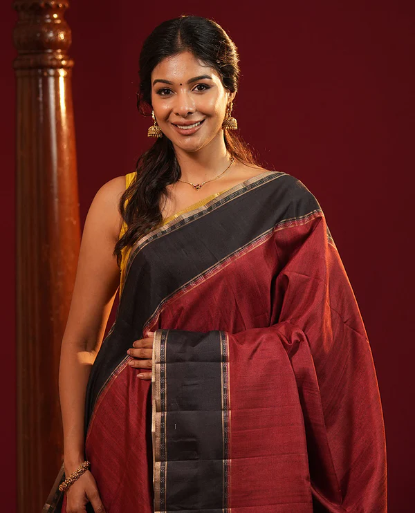 Maroon Plain Semi Tussa Silk Saree